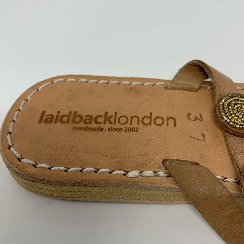 Anthropologie Laid Back London Handmade Leather Beaded Tan Gold Sandal Size 6